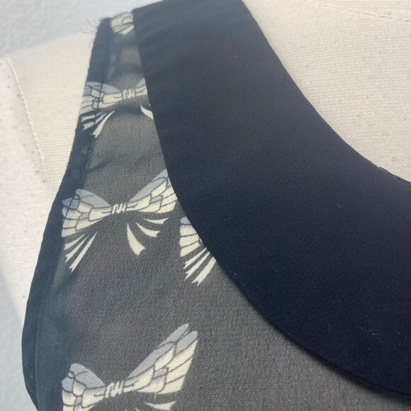 Glam Doll Black Sheer Blouse Med Bow Print Peter Pan Collar Whimsy Goth Siren - Picture 3 of 12